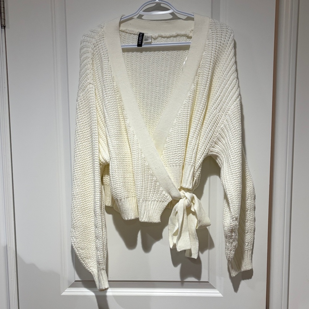Cream Wrap Knit Sweater with Tie Closure